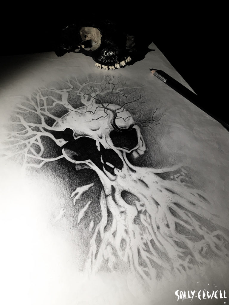 Dessin tattoo Crâne arbre et racines, encre noire et dégradé de crayon gris