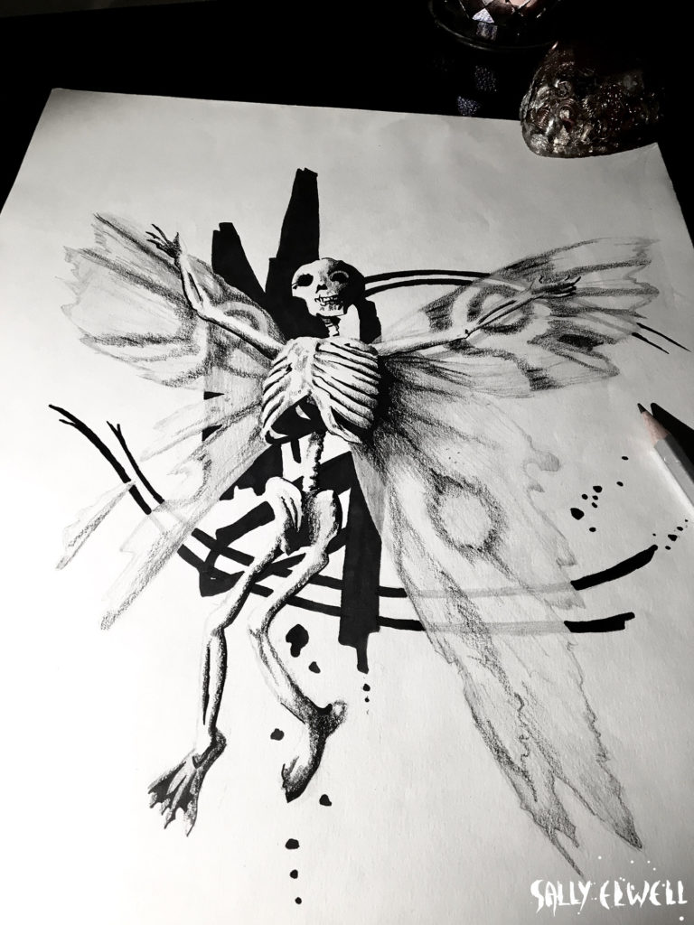 Dessin tattoo Squelette de Fée, encre noire dégradé de crayon gris et transparence ailes
