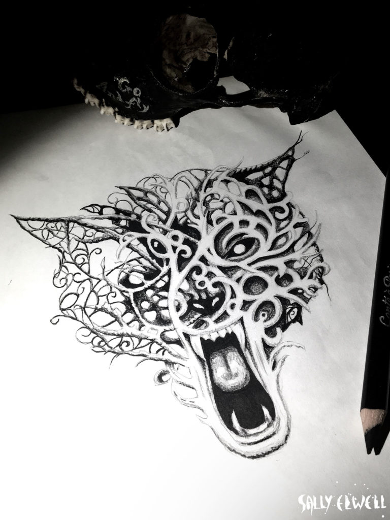 Dessin tattoo Loup dentelle encre noire dégradé de crayon gris