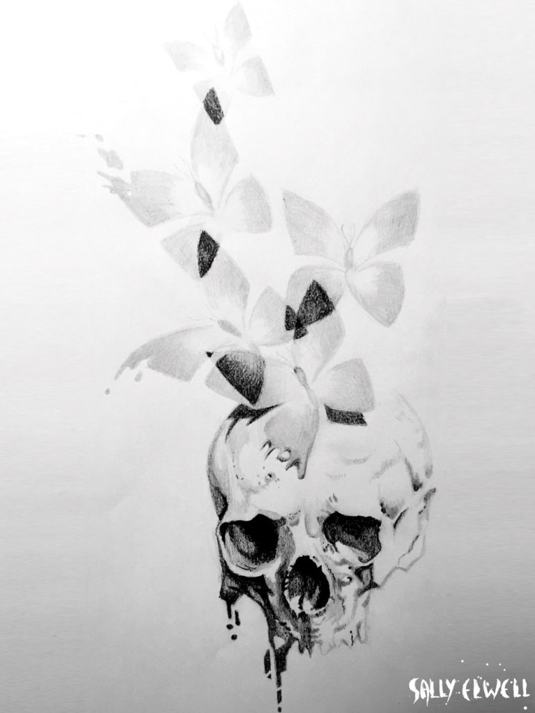Dessin tattoo Crâne et Papillons superposition transparence tâches encre noire dégradé de crayon gris