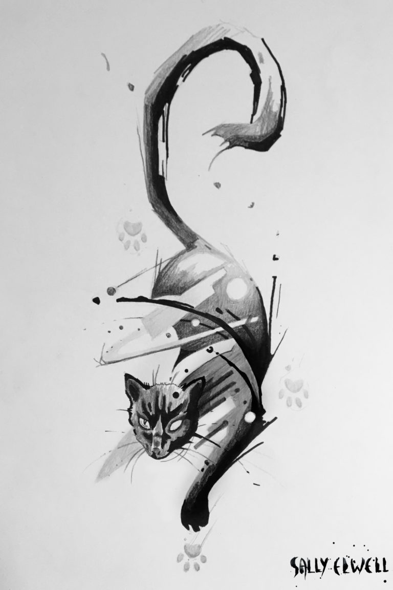 Dessin tatouage chat graphique encre noire et dégradé de gris