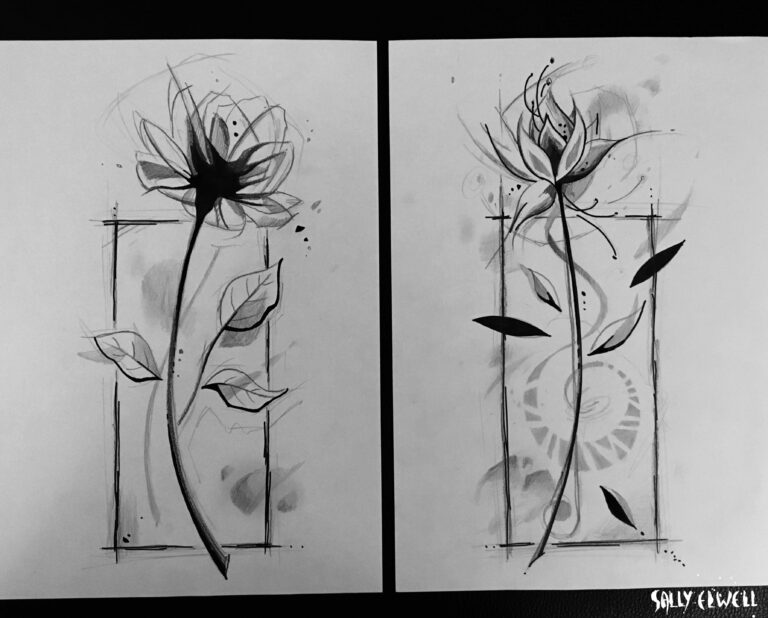 Dessin tatouage couple fleurs graphique et encre noire et dégradé de gris