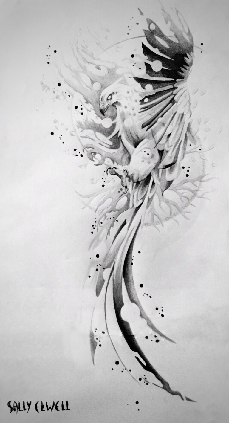 dessin phoenix arbre de vie dentelle organique taches encre noire dégradés de gris dessin phoenix arbre de vie dentelle organique taches encre noire dégradés de gris