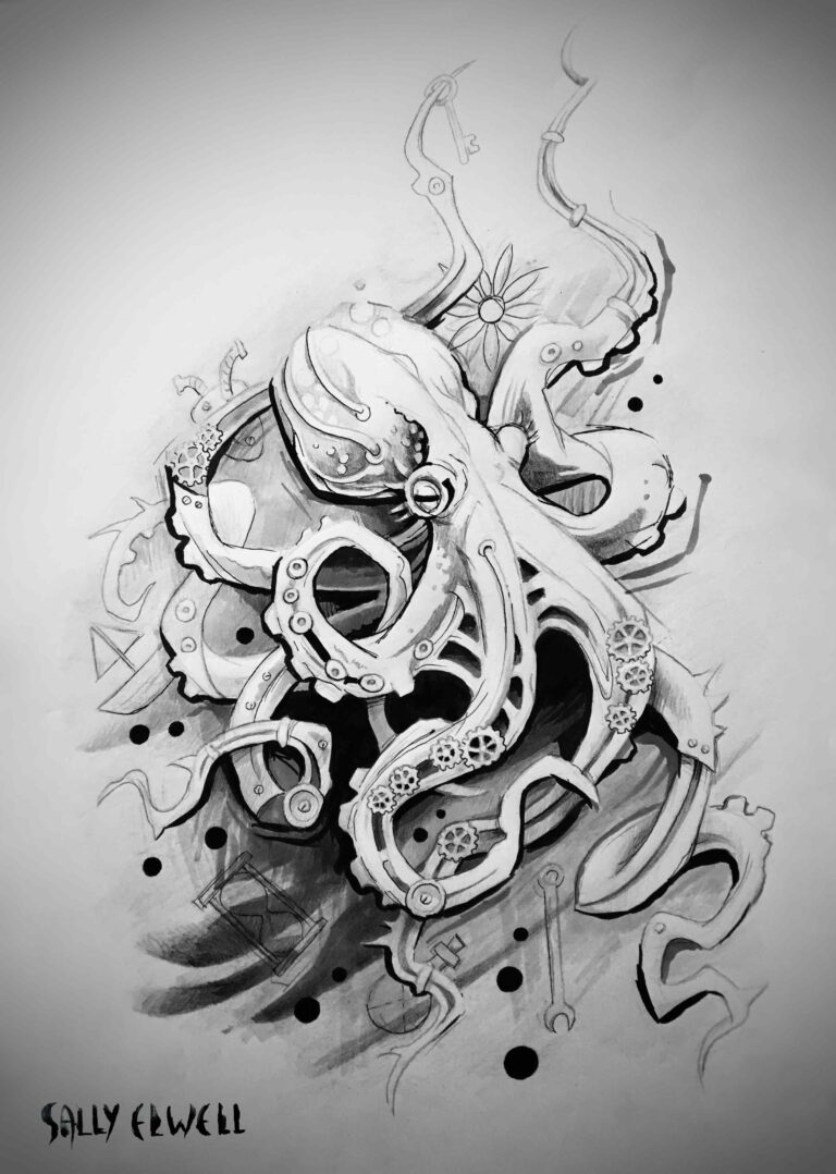 dessin pieuvre steam punk taches encre noire dégradés de gris dessin pieuvre steam punk taches encre noire dégradés de gris
